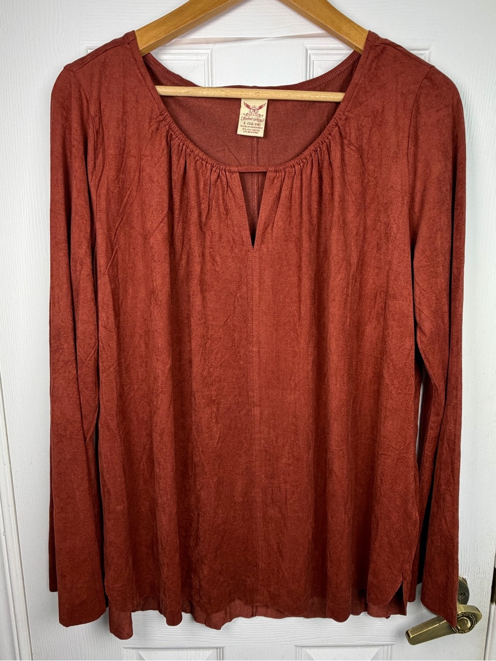Faded Glory Rust Faux Suede Keyhole Blouse Women's Large Boho Western Festival